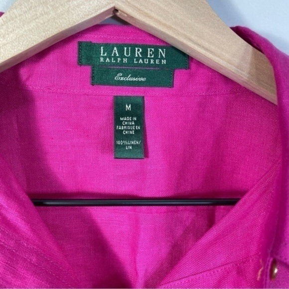LAUREN Ralph Lauren Barbie Hot Pink 100% Linen
Button Up Top Breast Pockets Sz M - Picture 4 of 11